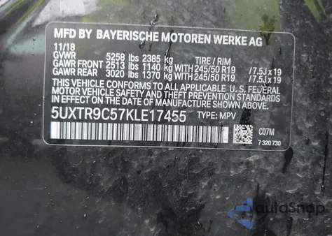 2019 BMW X3 xDrive30I из США, поврежденный, VIN 5UXTR9C57KLE17455